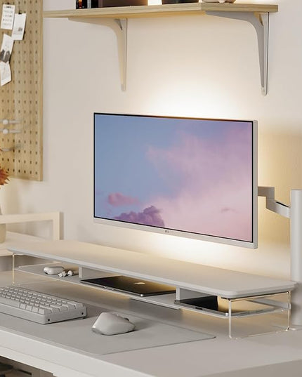 Fenge Acrylic Monitor Stand Riser, 42.5 Inches Dual Monitor Stand with Metal Storage, 2 Tier Acrylic Computer Riser for Desk, Clear Laptop Stand for PC, Laptop, Printer, TV, White