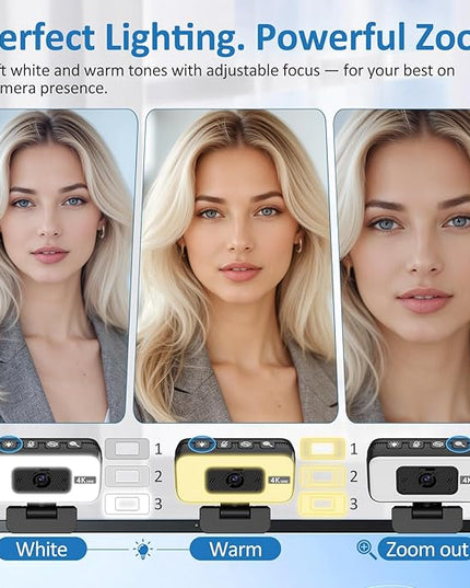 4K Webcam for PC & Laptop, Webcam for Mac –AI PDAF AutoFocus Streaming Camera for Computer, One-Touch Mute, Busy Now Do Not Disturb Light, Adjustable Fill Light, Privacy Cover for Remote Work