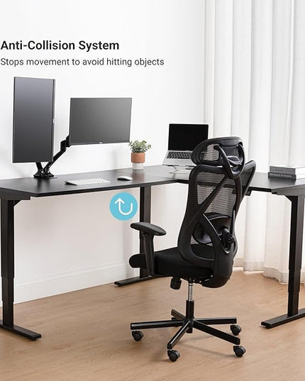 Progressive Desk Height Adjustable Computer Standing Desk - L Shaped 70" x 55" Corner Electric Stand Up Rising Workstation - Black Frame, Bright Beech Top