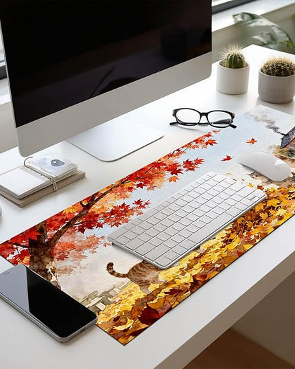 Cat XL Mouse Pad 31.5 x 11.8 Inch Gaming Mousepad Diatomite Large Keyboard Mouse Pad for Home and Office Desk Accessories with Autumn Leaves Kittens Illustration Featuring Stable Base