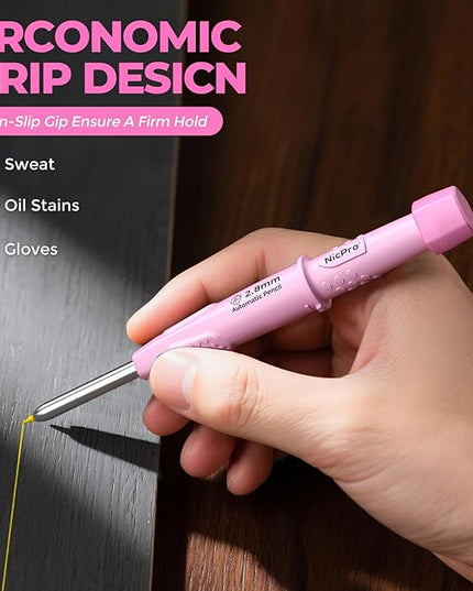 Nicpro CP3000 Carpenter Pencil with Sharpener, Construction Mechanical Pencils with 19 Refills, Heavy Duty Construction Pencil, Pink Woodworking Tools For Women, Great for Marking On Wood, Metal