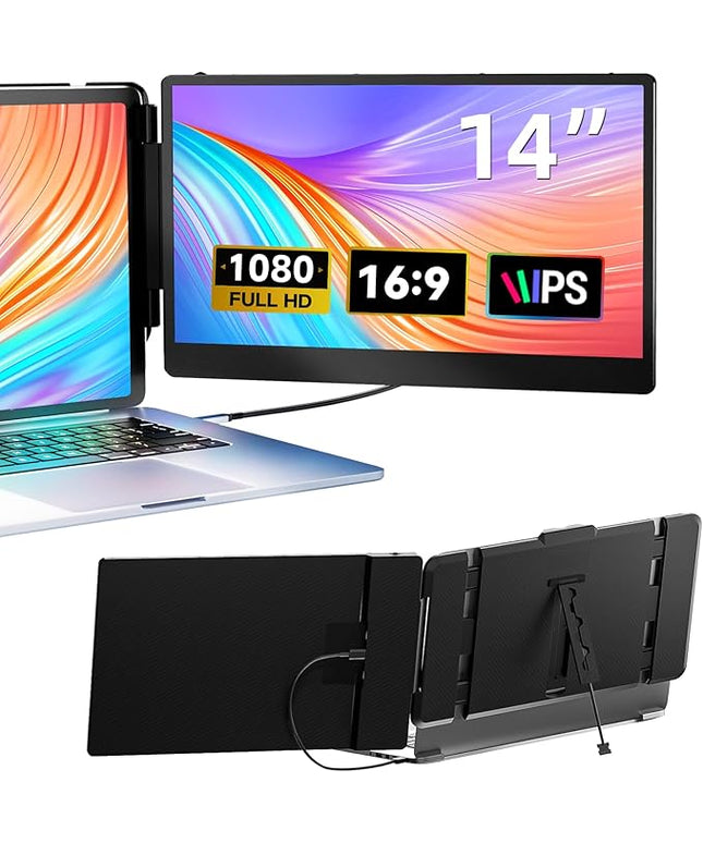 Laptop Screen Extender, 14" FHD 1080P IPS Dual Laptop Monitor Extender, Plug n Play Portable Travel Monitor for Laptops 13.3"-17" with HDMI/USB-A/Type-C, Compatible with Windows Mac Chrome Android