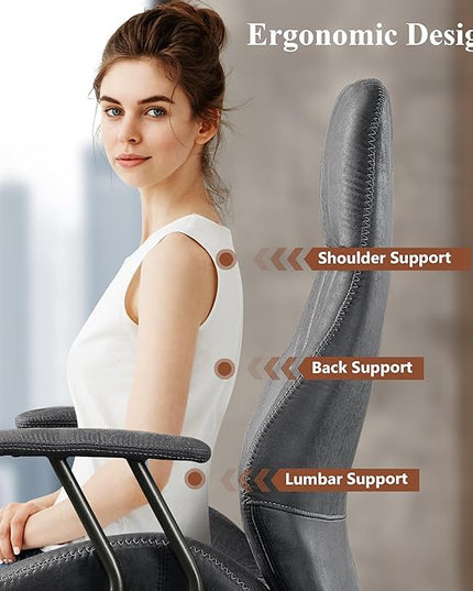 Mid Century Modren Office Chair,High Back Ergonomic Executive Chair with Lumbar Support, Computer Desk Swivel Task Chair with Wheels, Faux Lether Suede Fabric Home Chair (High Back, Grey)
