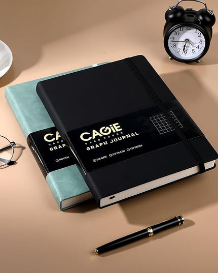 CAGIE Graph Notebook 320 Pages 100 GSM Paper Graphing Grid Journal B5 Hardcover Leather Quad Ruled Notebooks for Engineering, Math, Work, Black