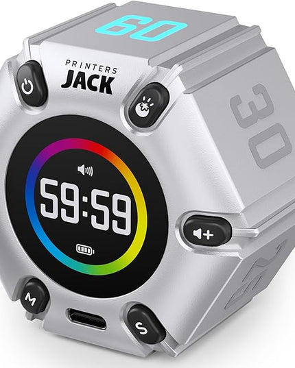 Jack Pomodoro Timer - Productivity Cube & Visual Focus Timer, Mute & Vibration & Adjustable Sound Alert, for Office, ADHD, Study & Work, 3/5/10/25/30/60min & Custom Countdown - Silver