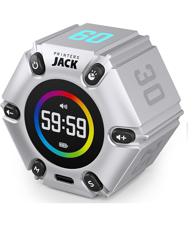 Jack Pomodoro Timer - Productivity Cube & Visual Focus Timer, Mute & Vibration & Adjustable Sound Alert, for Office, ADHD, Study & Work, 3/5/10/25/30/60min & Custom Countdown - Silver