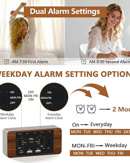 Fomobest Wooden Digital Alarm Clock for Bedroom - Desk Clock with Date, Day of Week, Temperature, Dual Alarms, Dimmer, USB Port Charge, DST, Adjustable Volume for Living Room/Office Wood Decor (Brown)