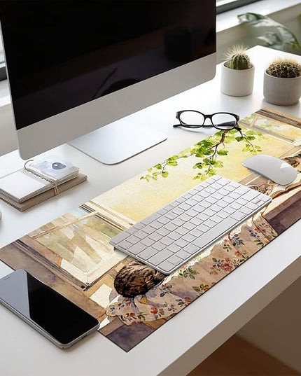 Cat XL Mouse Pad 31.5 x 11.8 Inch Gaming Mousepad Diatomite Large Keyboard Mouse Pad for Home and Office Desk Accessories with Peaceful Sunlit Window Cats Illustration