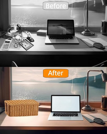 Cable Management Box, Handmade Woven Cable Organizer Cords Hider with Locked Cover Desk Cord Organizer Management for TV, Computer, Router, USB Hub to Hide Cords & Power Strip.
