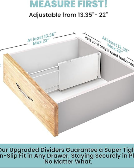 RAPTUROUS Adjustable Drawer Dividers, 8" Tall, Expandable 13.35-22", 6-Pack, Non-Slip for Deep Drawers in Kitchen, Bedroom, and Closet (White)