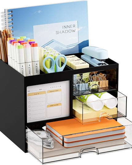 Marbrasse Desk Organizer with 3 Drawer, Multi-Functional Pencil Pen Holder for Desk, Desk Organizers and Accessories with 4 Compartments, Desktop Organizer Storage for Office Home Art Supplies (Black)