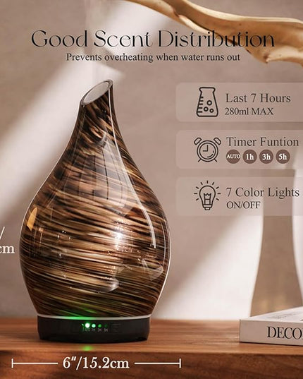 Porseme 280ml Essential Oil Diffuser Glass Color Changing Aroma Air Diffusers Aromatherapy Ultrasonic Cool Mist Humidifier 7 Running Hours Waterless Auto-Off for Sleeping, Yoga, Office (Dark Golden)