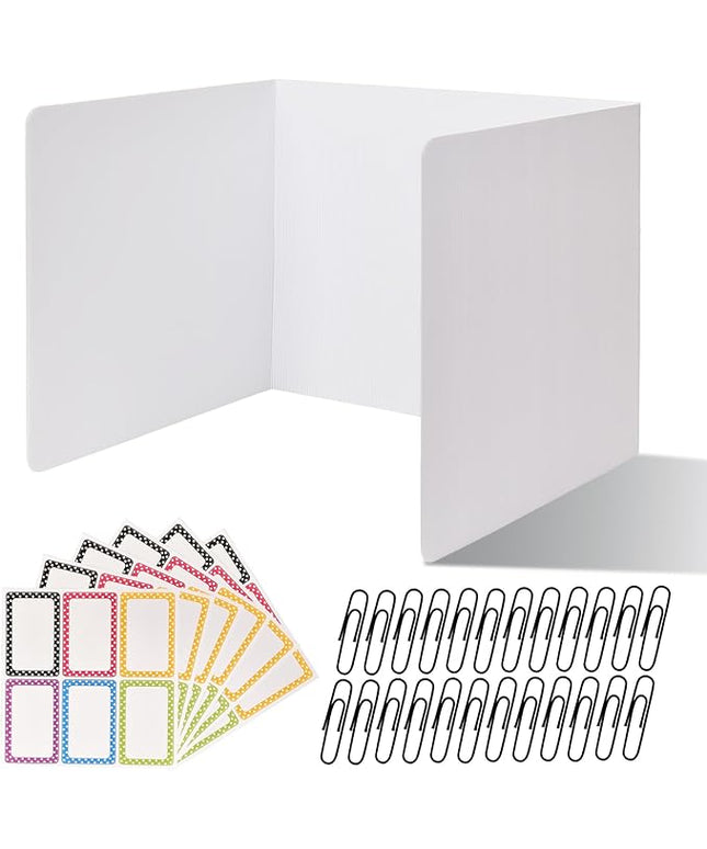 24 Pack Desk Dividers for Students,3-Fold Privacy Screens,Testing Dividers for Classroom Waterproof,Plastic Easy Clean Privacy Shields for Student Includes Extra Labels