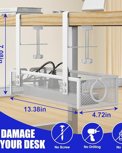 Under Desk Cable Management Tray, Metal Long Arms(3.9in), No Drill Mesh Wire Management Tray Cable Box for Office, Desk Wire Organizer with Clamp Mount, 1 Pack, White