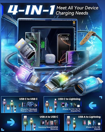 SHEZI 4-in-1 USB C Cable [240W Fast Charging & Data Transfer] Nylon iPhone Charger Cord with Light, Multi Charge Cables Combo with L/Type C/USB A Port for iPhone/iPad/Samsung, 5FT