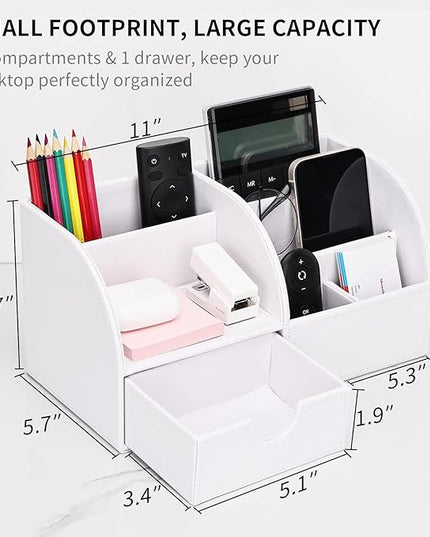 KINGFOM Pu Leather Desk Organizer Pen Pencil Holder Office Supplies Caddy Storage Box 6 Compartments with Drawer White (Full Pu Leather)