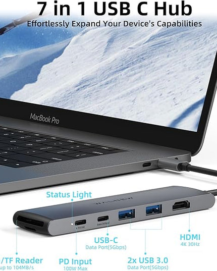 USB C Hub, WALNEW 7 in 1 USB-C Docking Station with 4K HDMI,100W PD, 3 5Gbps Data Ports(1 USBC & 2 USB 3.0),TF/SD Card Reader, USB Hub for Laptop, MacBook Pro/Air/Mac/Dell/HP/ASUS/Acer/Steam Deck