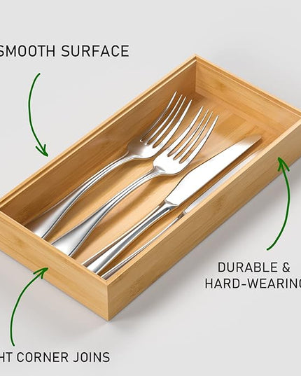 Silverware Tray for Drawer, Stackable Kitchen Bamboo Drawer Organizer 12" x 6" x 2" Set of 2