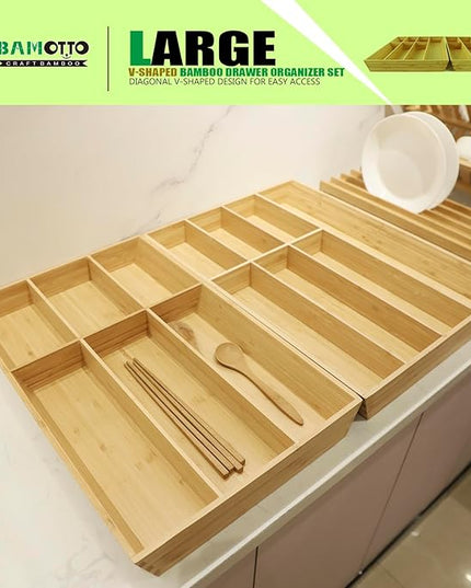 V-Shaped Extra Large Bamboo Drawer Organizer Set of 2, Kitchen Cutlery Tray Utensil Plate, Flatware&Silverware Storage Box, Wood Organizer for Bedroom, Living Room (19.6"x14.6" & 19.6"x12.4")
