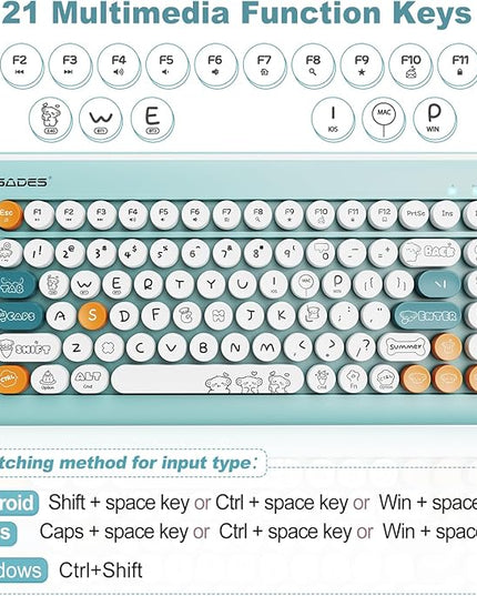 Wireless Bluetooth Keyboard for iPads Tablet Mac PC Laptop Desktop Smart Phone,Cute Typewriter Style Computer Keyboards with Round Raised Keycaps,Mini iPad Keyboard for Kids Girl Women-Blue Colorful