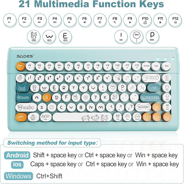 Wireless Bluetooth Keyboard for iPads Tablet Mac PC Laptop Desktop Smart Phone,Cute Typewriter Style Computer Keyboards with Round Raised Keycaps,Mini iPad Keyboard for Kids Girl Women-Blue Colorful