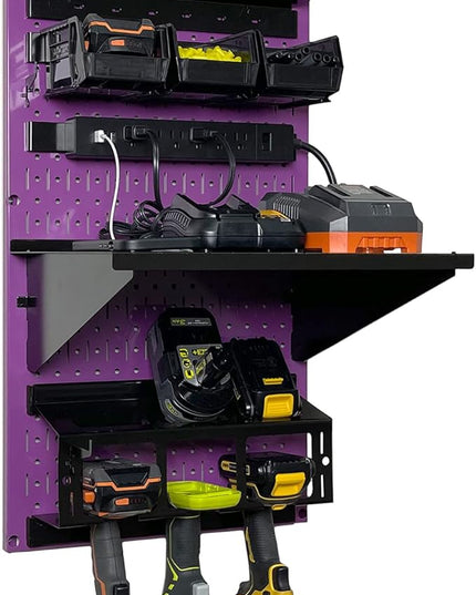 Wall Control Power Tool Storage Organizer Kit Cordless Drill Holder Charging Station Rack 16” x 32” Metal Pegboard Organization System (Purple Pegboard)