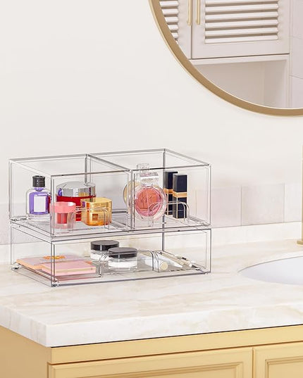 Vtopmart Stackable Storage Drawers Set of 3,Clear Plastic Organizer Bins for Makeup, Cosmetics, Beauty Supplies,Ideal for Vanity, Bathroom,Cabinet,Pantry Organization