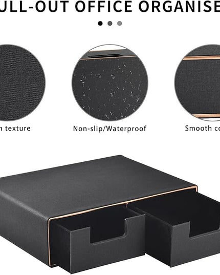 Linen Leather Desk Organizer and monitor stand with Drawers－Mini Desktop Drawer Organizer Stackable－Tabletop Organization Storage Box for Office Supplies Home Vanity Toiletries (Black, 2-drawers)