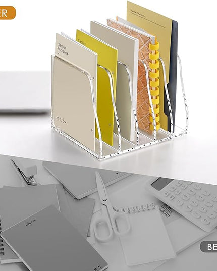 YUXUN Clear Acrylic File Folder Holder - 5 Vertical Compartments Desk Document Sorter, Upright Magazine Rack for Office/Home/Classroom, Stores Documents, Tablets, Magazines, Books & Accessories