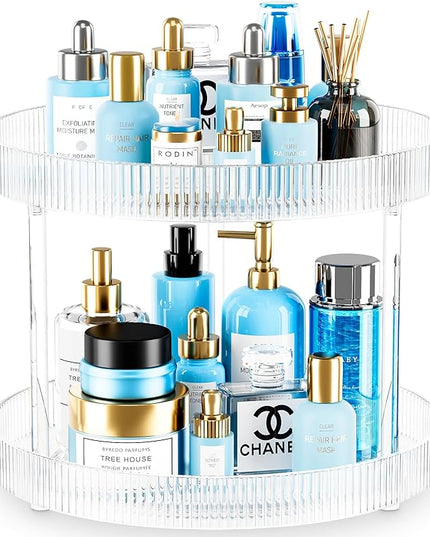 360° Clear Rotating Storage Tray, 2 Tier Lazy Susan Bathroom Countertop Organizer, Cosmetics and Perfume Organizer, Spinning Storage Tray Vanity Organizer Shelf for Bathroom Cabinet, Kitchen(Medium)