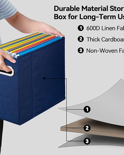 4 Packs Letter Size File Organizer, File Folders Organizer, Fabric Storage Box, Collapsible Paper Organizer with Metal Handle, Smooth PVC Rails, Only Box (Blue)