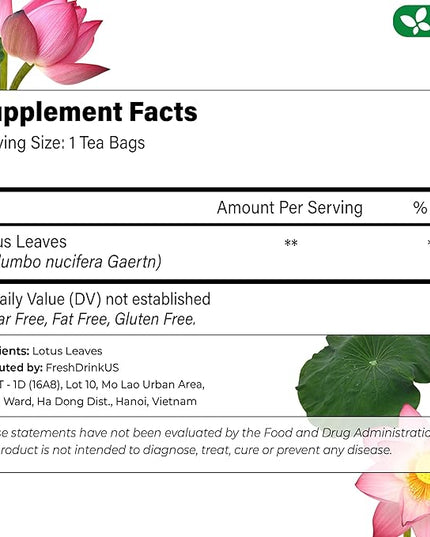 FreshDrinkUS, Premium 30 Lotus Leaf Tea Bags, 100% Natural & Pure from Lotus Leaves. Loose Leaf Lotus Herbal Tea. Made with Eco-Conscious Tea Bags. No Sugar, No Caffeine, No Gluten, Vegan.