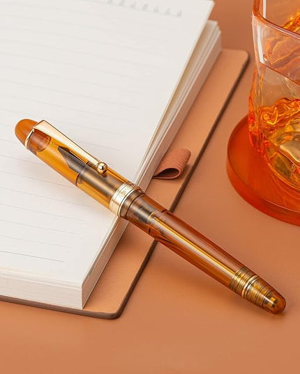 Asvine V126 Vacuum Filling Fountain Pen, Transparent Brown Acrylic Stub Nib 1.1mm Calligraphy Art Drawing with Case Set