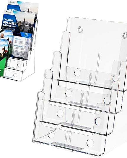 Argvey Acrylic Brochure Holder 8.5 x 11 inches, 4 Tier Clear Brochure Display Stand with Removable Divider for Trifold 4 Inches Wide Pamphlet, Plastic Flyer Holder for Magazine, Literature, Booklet