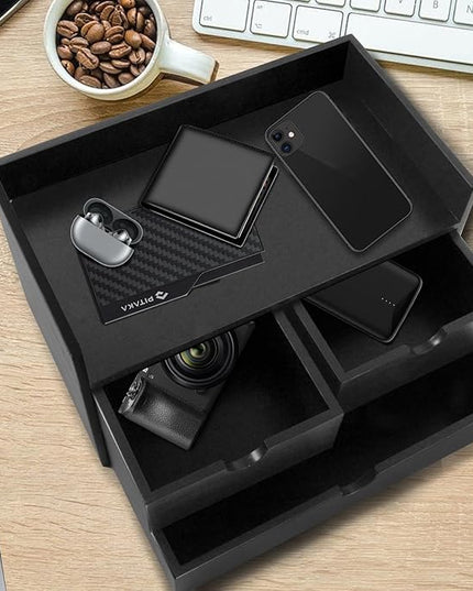 Charmewooden Desk Organizer with Drawers Countertop Drawer Organizer Drawers for Desk Top Home Office Workspace Bathroom Toiletries Supplies (black with shelf)