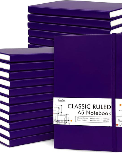 feela 24 Pack Journal Notebook Bulk for Work, Business Notebook Hardcover Lined Writing Journal with Pen Holder for Men Women Note Taking, with 24 Black Pens, 120 GSM, 5.1”x8.3”, A5, Purple