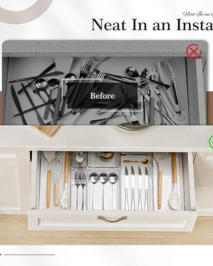 Criusia 11 PCS Clear Plastic Drawer Organizer Set - 5 Large Size Versatile Kitchen and Bathroom Organizer Trays, Non-Slip Storage Bins for Makeup, Utensils, Tool and Office Desk