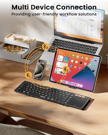 ProtoArc Foldable Keyboard with Touchpad, XK01 TP Folding Portable Keyboard, Full Size Keys, Large Trackpad Bluetooth Travel Keyboards for Laptop PC Tablet - Black