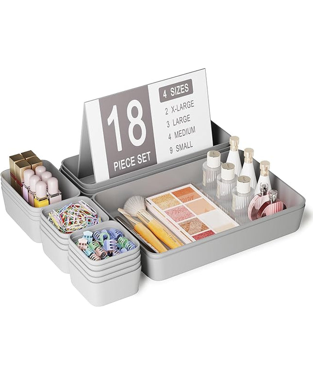 18 pcs Desk Drawer Organizer Tray, Multiple Sizes Plastic Drawer Organizer Storage, Stackable Organizer Containers For Makeup, Bedroom, Kitchen Gadgets Utensils and Office