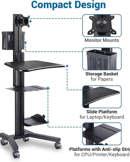 Yescom Mobile Computer Cart Rolling PC Stand Desk Workstation on Wheels with Monitor Mount Adjustable Keyboard Tray CPU Printer Holder for Hospital Clinic School Office Black