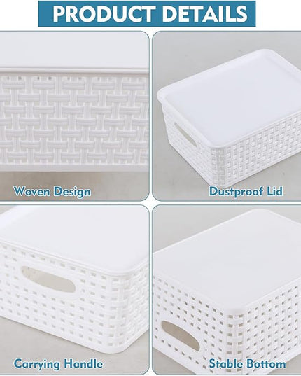 Hespama 6 Packs Lidded Storage Baskets, Plastic Desktop Organizer Baskets, White