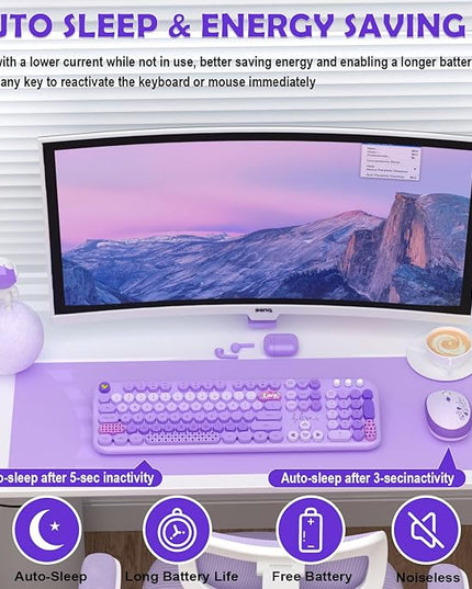 MOFII Keyboard and Mouse Wireless, 104 Round Keys Lovely Full-Size Cute Colorful Keyboard and Mouse with Retro Typewriter for PC/Mac/Laptop/Tablet/Computer/Windows Purple