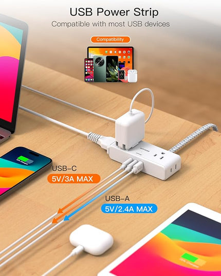 Extension Cord 15 ft, BESHON Flat Plug Power Strip, Long Power Strip, 4 Widely Outlets with 3 USB Ports (2 USB C), Extension Cord with Multiple Outlets for Home, Office, Dorm Room Essentials