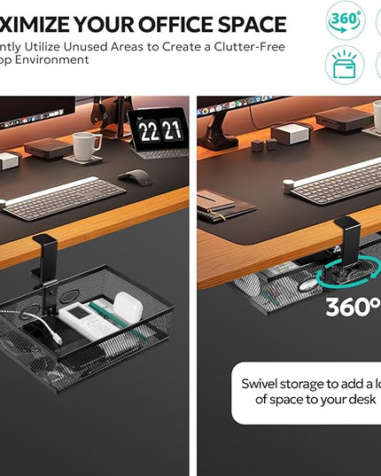 Pulchrum Under Desk Drawer Organizer Clamp On - 360° Swivel Metal Mesh Storage Basket, Hidden Rotating Desktop Tray for Standing Desk, Office Supplies & Gaming (No Drill, Black)
