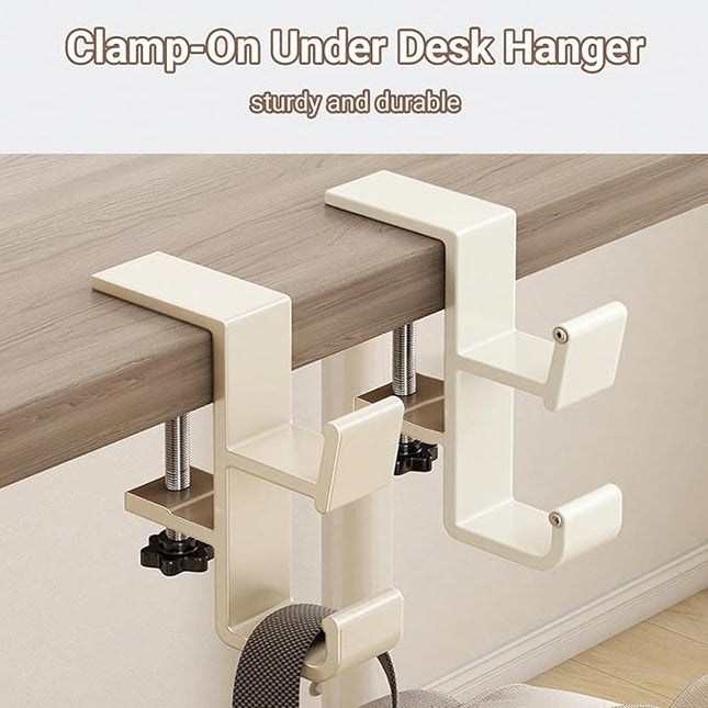 INEDRIMS 2-Pack Headphone Stand & Hook – Under Desk Headset Holder Clamp Mount for Gaming Headphones, Backpacks, Purses, Coats – Space-Saving Desk Accessories (White Dual Hook)