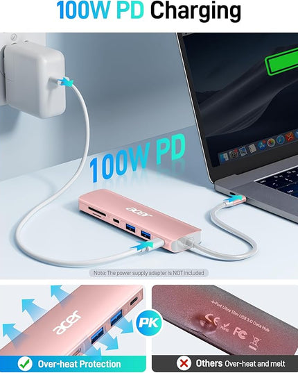Acer USB C Hub, 7 in 1 USB-C to HDMI Multi-Port Adapter, 2 USBA 3.1 GEN1 and 5Gbps Type-C Data Port, 4K HDMI Port, PD 100W Charging, SD Card Reader for iPad Pro MacBook Pro Laptops and More(Pink)
