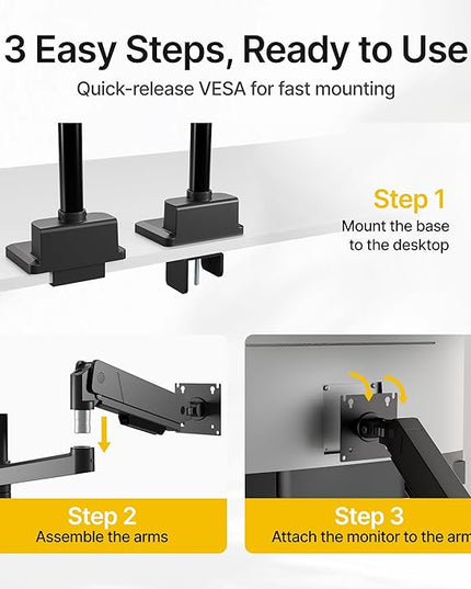 monTEK Dual Monitor Mount Tall Monitor arms for 2 Monitors for 17 to 35 Inch Curved Screen Holds 35 Lbs Adjustable Heavy Duty Monitor Desk Mount Cable Management, VESA 75/100mm, MA1007PBK-D