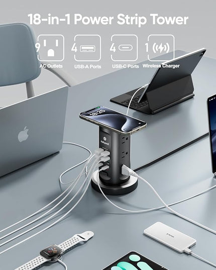 115W USB Charging Station, Surge Protector Power Strip Tower, 9 AC Outlets with 8 USB Ports(4 USB-C), 6Ft Flat Plug Retractable Extension Cord, for Home Office Dorm, Black
