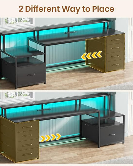 SEDETA Computer Desk with 5 Drawer, Power Outlet & Led Lights, 66'' Home Office Desk with File Drawer, Storage, Monitor Shelf, Gaming Desk, Black