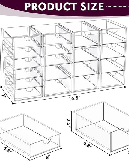 Acrylic Makeup Organizer with 19 Drawers, 4 Pack Clear Storage Drawers, Bathroom Makeup Organizer for Palettes, Cosmetic, and Beauty Supplies,Ideal for Vanity, Cabinet,Desk Organization